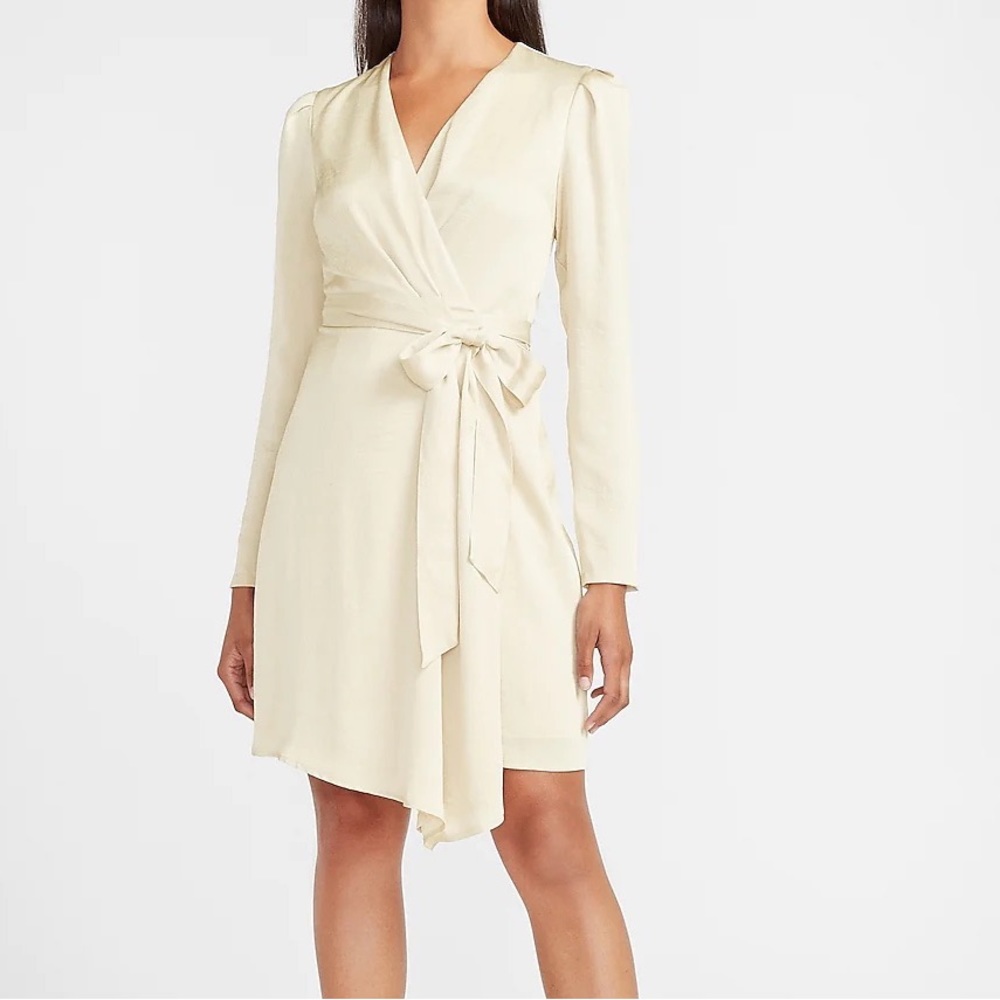 Express puff sleeve satin dress in nude sorbet